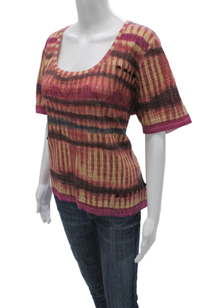 St. John Sport Women Brown Striped Wool T-Shirt Short Sleeve Button Size XL