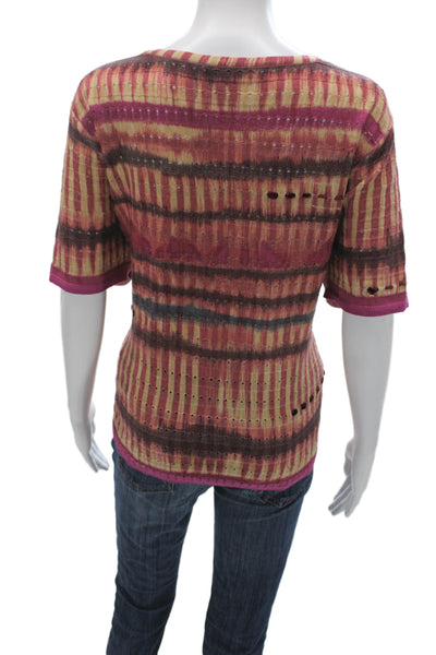 St. John Sport Women Brown Striped Wool T-Shirt Short Sleeve Button Size XL