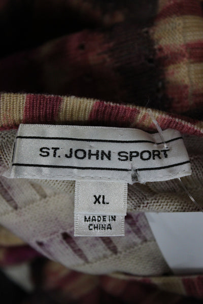 St. John Sport Women Brown Striped Wool T-Shirt Short Sleeve Button Size XL