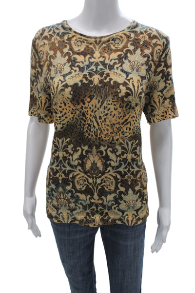 St. John Sport Women Beige Floral Short Sleeve T-Shirt Round Neck Size XL