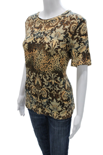St. John Sport Women Beige Floral Short Sleeve T-Shirt Round Neck Size XL