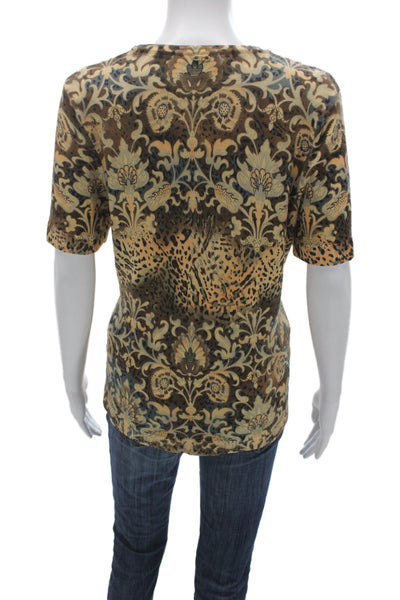 St. John Sport Women Beige Floral Short Sleeve T-Shirt Round Neck Size XL