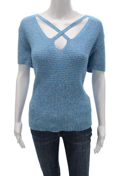 St. John Sport Womens Blue Short Sleeve Top Fall Rayon Wool Size XL