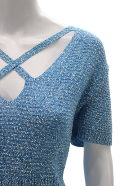 St. John Sport Womens Blue Short Sleeve Top Fall Rayon Wool Size XL