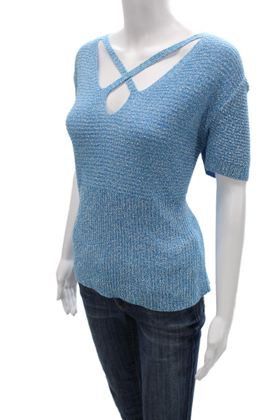 St. John Sport Womens Blue Short Sleeve Top Fall Rayon Wool Size XL