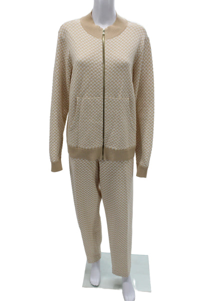 St. John Unisex Full Zip Cardigan Sweater Beige Geometric Long Sleeve Size XL
