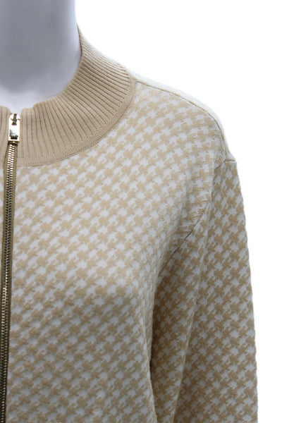 St. John Unisex Full Zip Cardigan Sweater Beige Geometric Long Sleeve Size XL