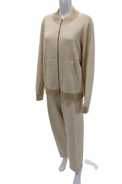 St. John Unisex Full Zip Cardigan Sweater Beige Geometric Long Sleeve Size XL