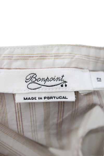 Bonpoint Childrens Girls Striped Long Sleeves Blouse White Brown Cotton Size 12