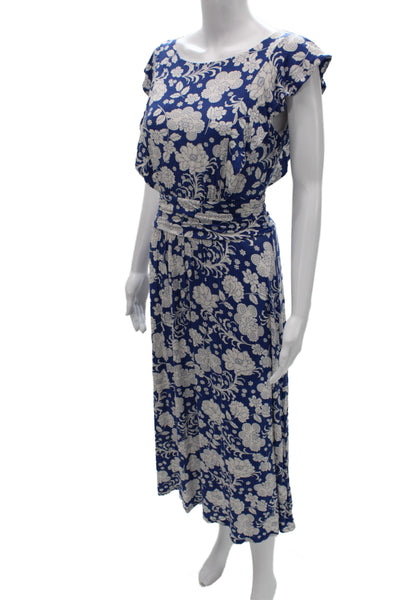 Boden Women Blouson Maxi Dress Blue Floral Short Sleeve Round Neck Size 6