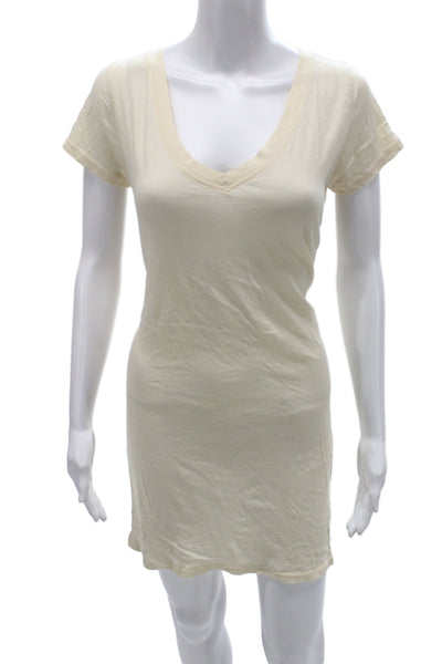 Haute Hippie Women T-Shirt Dress Beige V-Neck Short Sleeve Cotton Size S