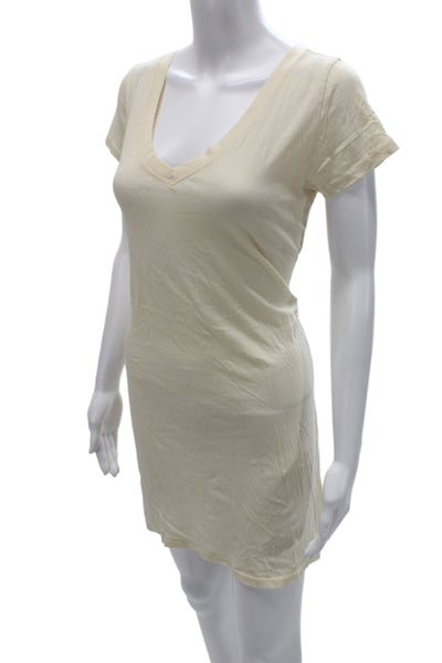 Haute Hippie Women T-Shirt Dress Beige V-Neck Short Sleeve Cotton Size S