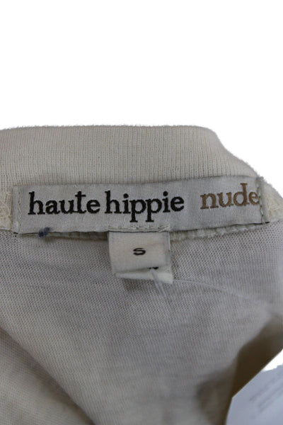 Haute Hippie Women T-Shirt Dress Beige V-Neck Short Sleeve Cotton Size S