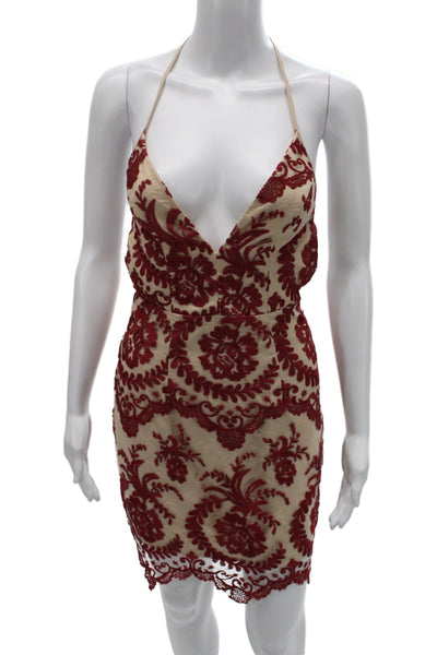 NBD Womens Bodycon Mini Dress Beige V-Neck Sleeveless Floral Hook & Eye Size XS