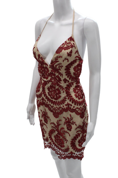 NBD Womens Bodycon Mini Dress Beige V-Neck Sleeveless Floral Hook & Eye Size XS