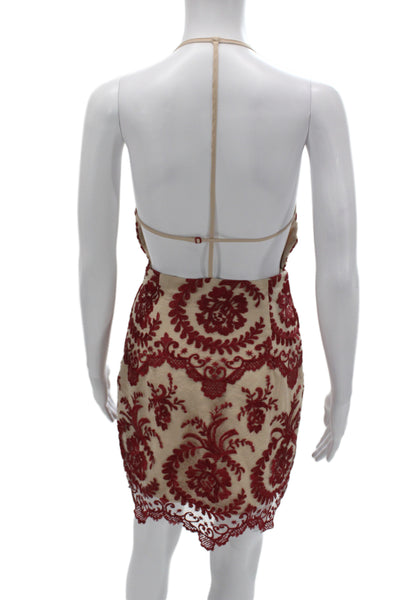 NBD Womens Bodycon Mini Dress Beige V-Neck Sleeveless Floral Hook & Eye Size XS