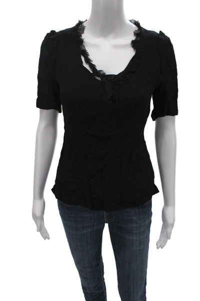 Jeffrey Monteiro Women Black Silk V-Neck Tie Short Sleeve Blouse Size 2