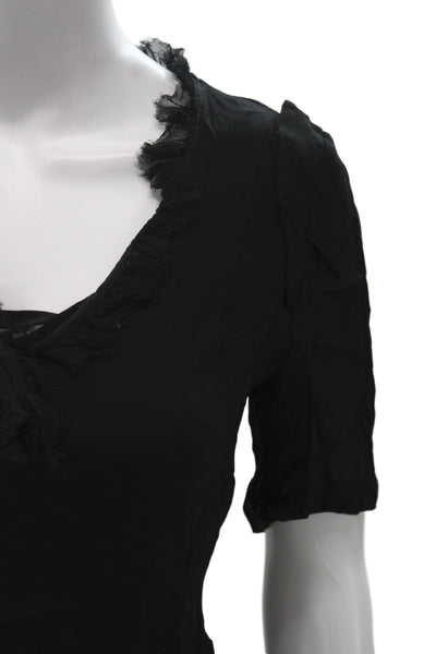 Jeffrey Monteiro Women Black Silk V-Neck Tie Short Sleeve Blouse Size 2