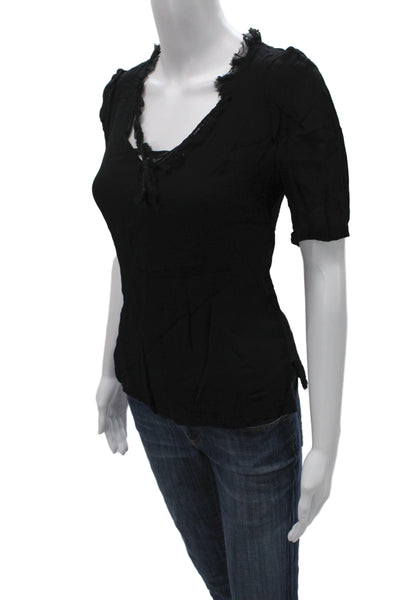 Jeffrey Monteiro Women Black Silk V-Neck Tie Short Sleeve Blouse Size 2