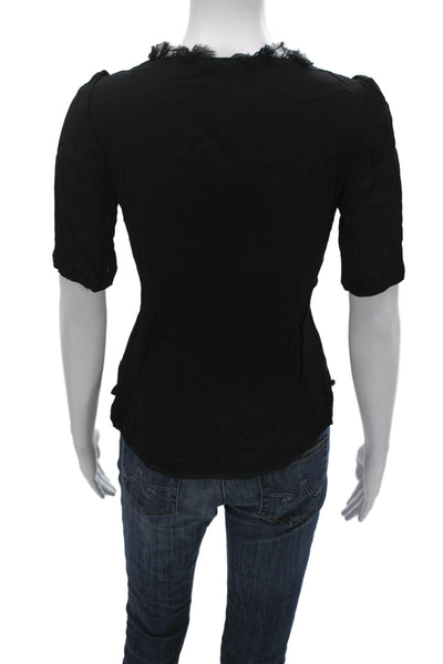 Jeffrey Monteiro Women Black Silk V-Neck Tie Short Sleeve Blouse Size 2