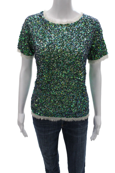Gryphon New York Women Green Short Sleeve Button Front Round Neck Tee Size XS