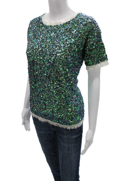 Gryphon New York Women Green Short Sleeve Button Front Round Neck Tee Size XS
