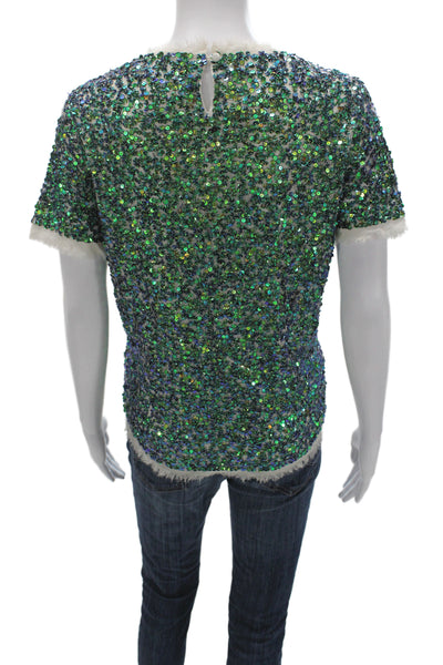 Gryphon New York Women Green Short Sleeve Button Front Round Neck Tee Size XS