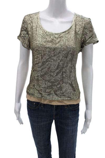 J Crew Collection Women Beige Silk Blend Round Neck Short Sleeve Blouse Size S
