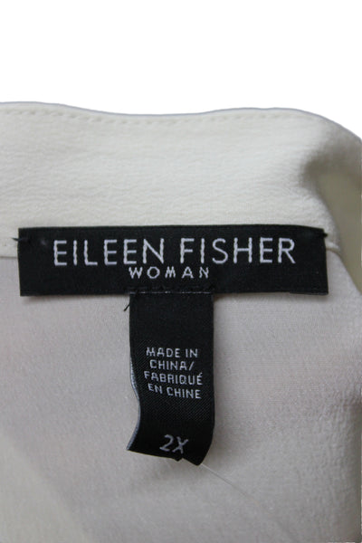 Eileen Fisher Women White Silk V-Neck Button-Up Blouse Long Sleeve Size 2X