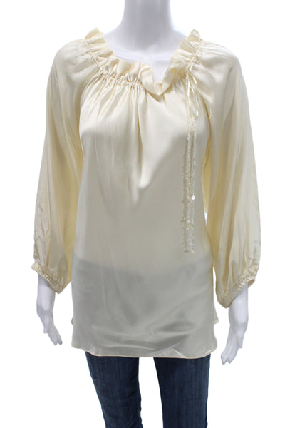 Francesca Miranda Women Cotton Tunic Blouse Beige 3/4 Sleeve Drawstring Size XL