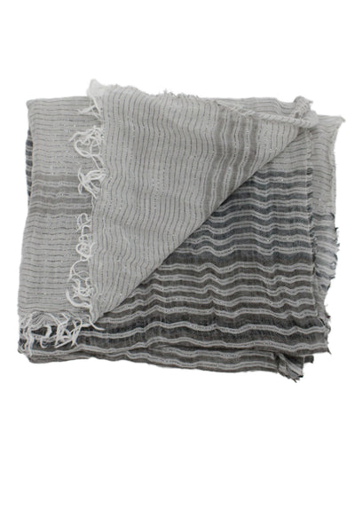 Eileen Fisher Womensd Linen Knit Fringe Trim Striped Scarf Gray 80"x24"