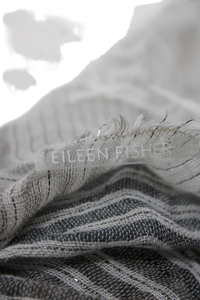 Eileen Fisher Womensd Linen Knit Fringe Trim Striped Scarf Gray 80"x24"