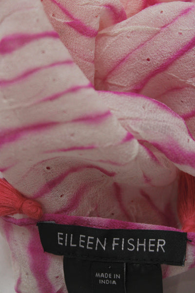 Eileen Fisher Womens Tassel Trim Tie Dyed Abstract Silk Scarf White Pink 37"x37"