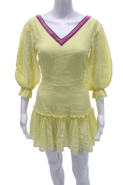 Pitusa Womens Fit & Flare Dress Yellow V-Neck 3/4 Sleeve Cotton Size 1