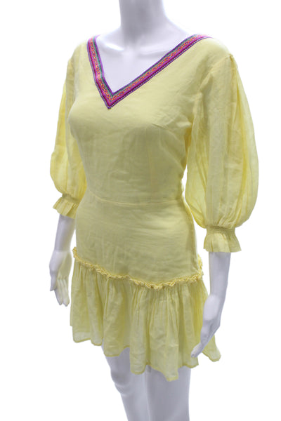 Pitusa Womens Fit & Flare Dress Yellow V-Neck 3/4 Sleeve Cotton Size 1