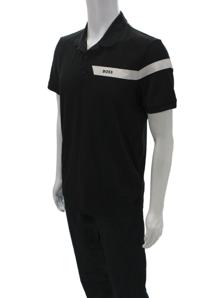 BOSS Mens Short Sleeves Polo Shirt Black White Cotton Size Medium