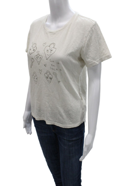 Re/Done Women White Heart Graphic Basic T-Shirt Short Sleeve Crew Neck Size M