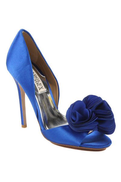 Badgley Mischka Womens Satin Floral Applique Open Toe Pumps Blue Size 5 Medium