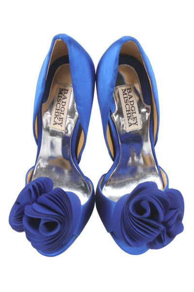 Badgley Mischka Womens Satin Floral Applique Open Toe Pumps Blue Size 5 Medium