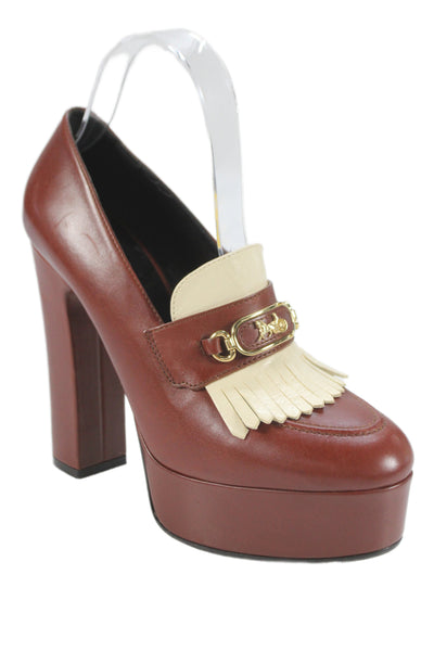 Celine Womens Leather Platform Fringe Loafer Pumps Brown Size 37.5 7.5