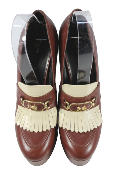 Celine Womens Leather Platform Fringe Loafer Pumps Brown Size 37.5 7.5