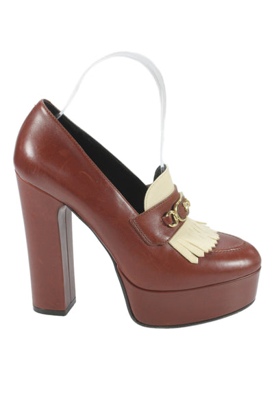 Celine Womens Leather Platform Fringe Loafer Pumps Brown Size 37.5 7.5