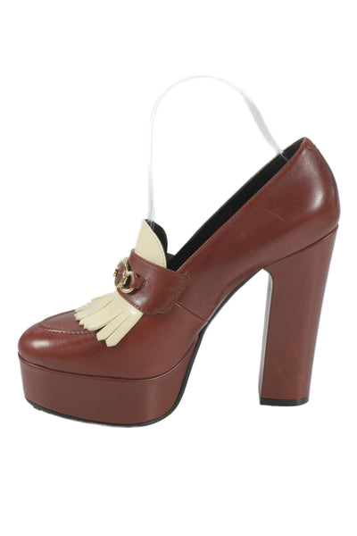 Celine Womens Leather Platform Fringe Loafer Pumps Brown Size 37.5 7.5