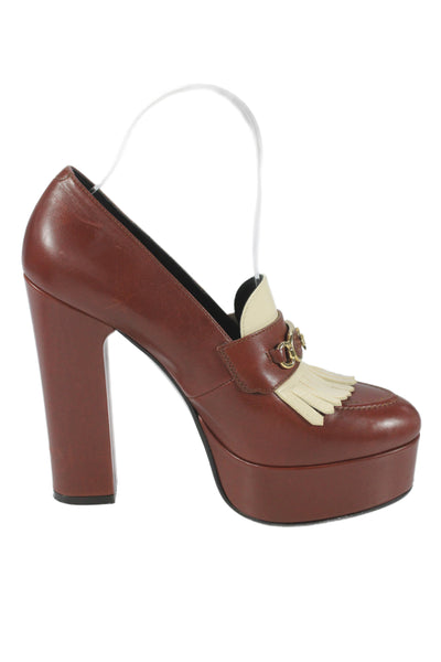 Celine Womens Leather Platform Fringe Loafer Pumps Brown Size 37.5 7.5