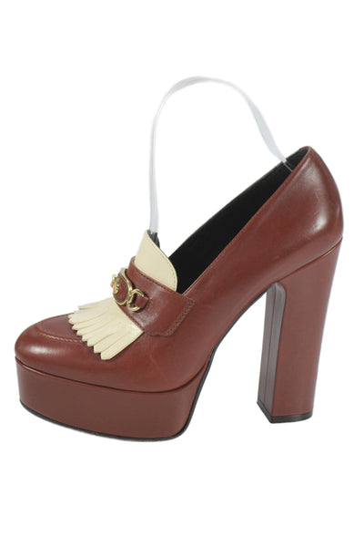 Celine Womens Leather Platform Fringe Loafer Pumps Brown Size 37.5 7.5