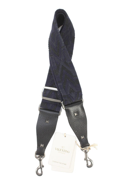 Valentino Garavani Womens Leather Trim Studded Shoulder Handbag Strap Blue Black