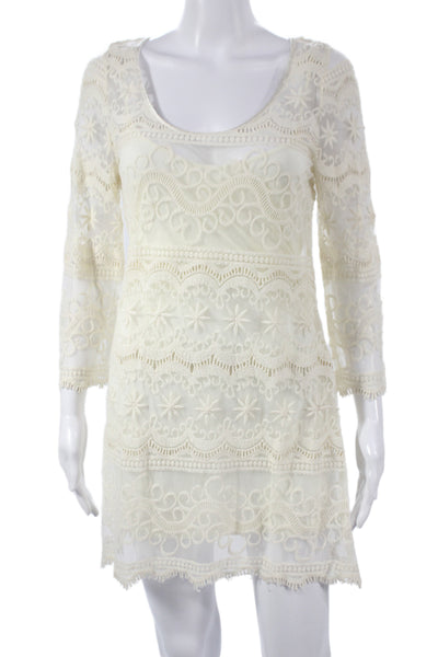 Candela Womens White Shift Slip Dress Long Sleeve Tie Short Nylon Size S