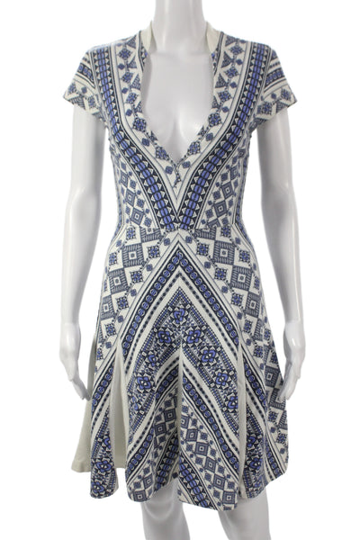 Pencey Women Fit & Flare V-Neck Short Sleeve Blue Geometric Dress Size 0