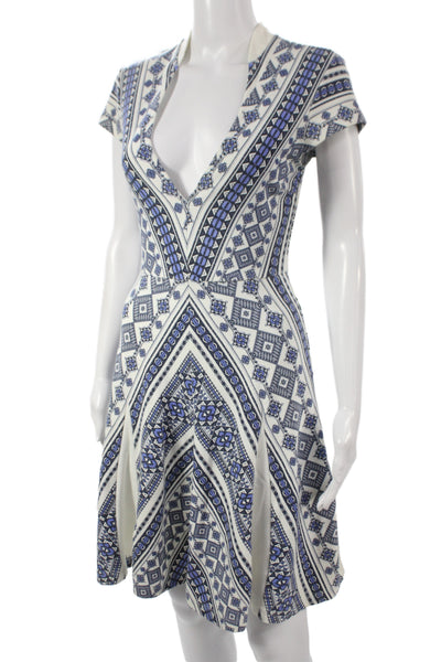 Pencey Women Fit & Flare V-Neck Short Sleeve Blue Geometric Dress Size 0
