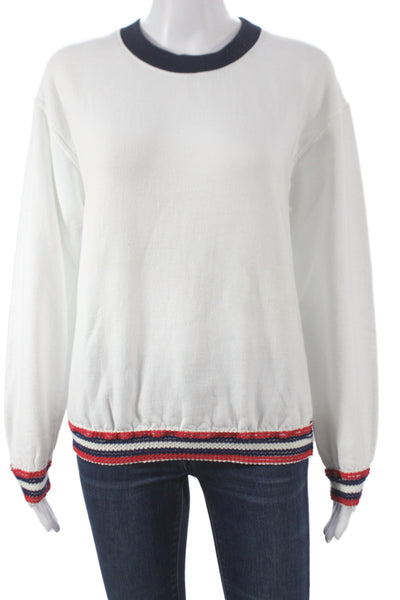 Harvey Faircloth Women Pullover Sweatshirt White Striped Crew Neck Size M